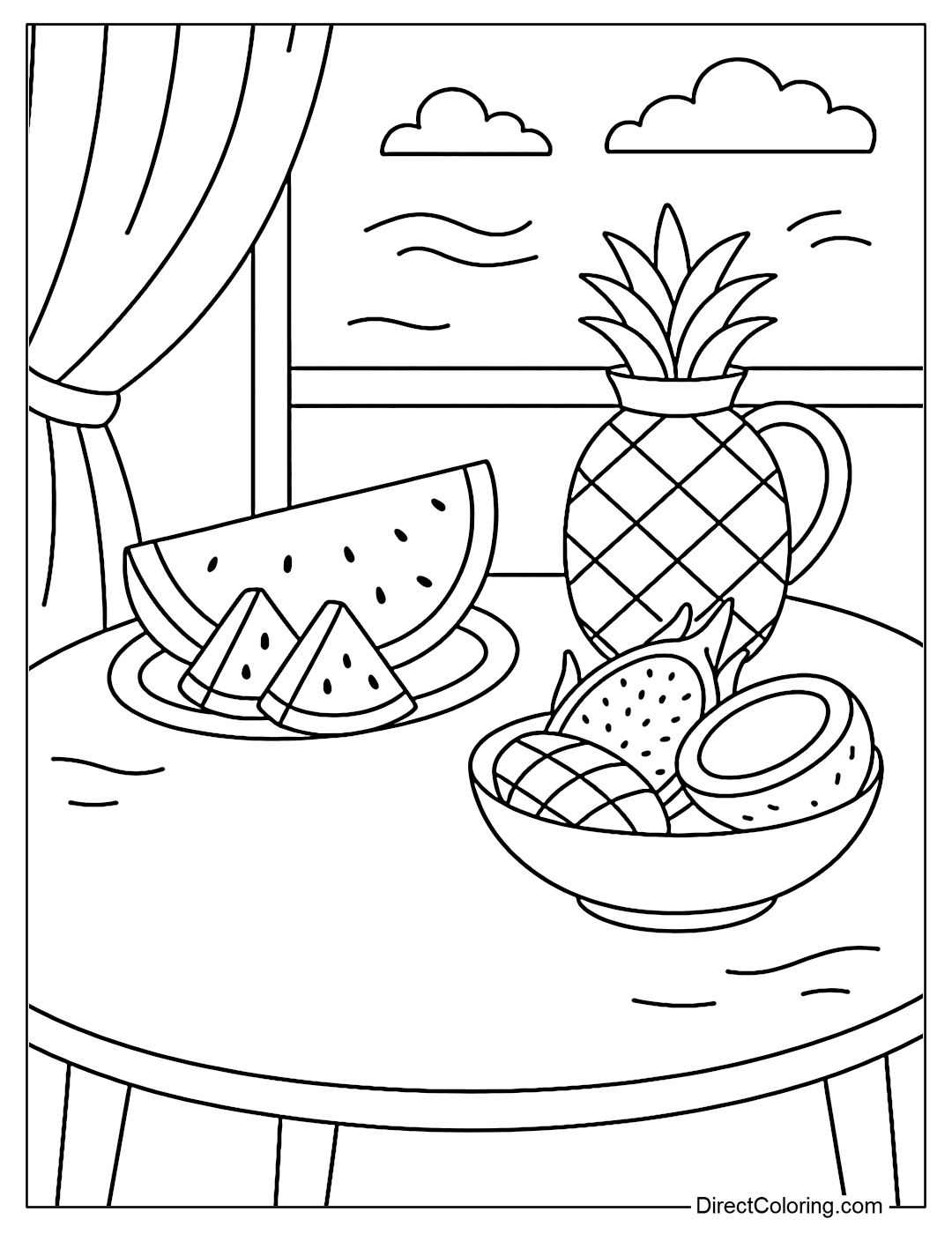 Coloring page of a small dining table with watermelon, mango, dragon fruit, halved coconut, and a pitcher of pineapple juice